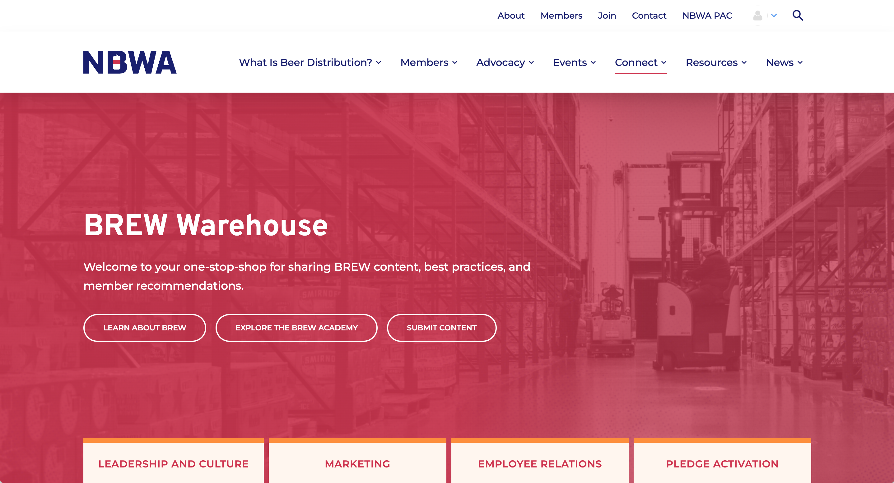 Screenshot of the NBWA website. It shows a navigation menu with options like "About," "Members," and "Connect." The section titled "BREW Warehouse" offers buttons for learning about BREW, exploring the BREW Academy, and submitting content.